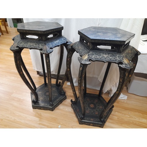 48 - Pair of Chinese Black Lacquered Hexagonal Topped Jardiniere Stands/Tables. Late 19th Century/Early 2... 