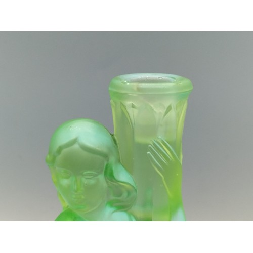 722 - Deco Green Glass Items (4). Damage to Candlestick Top.