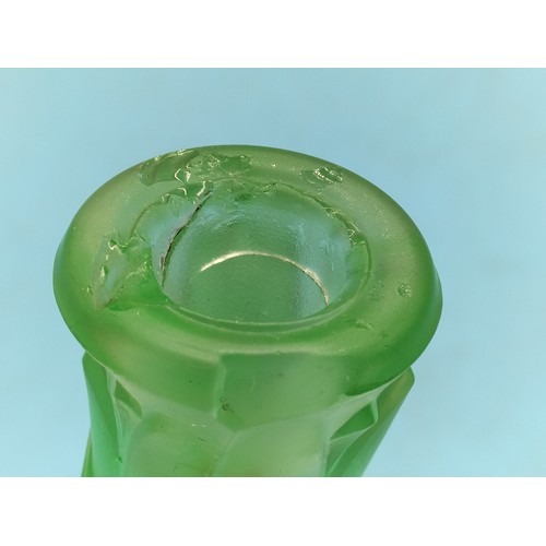 722 - Deco Green Glass Items (4). Damage to Candlestick Top.