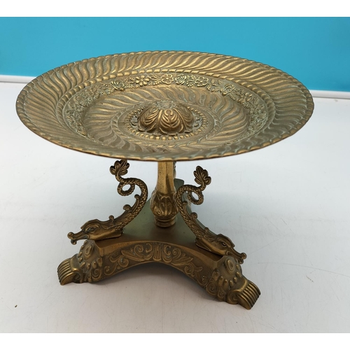 15 - Heavy French Ornate Bronze Dolphin Design Tri Footed Tazza. 17cm High, 23cm Diameter.