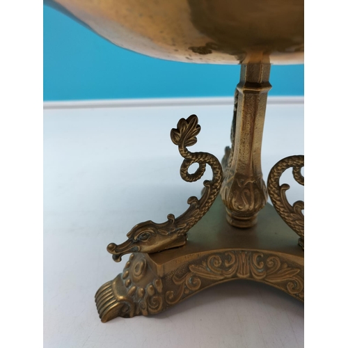 15 - Heavy French Ornate Bronze Dolphin Design Tri Footed Tazza. 17cm High, 23cm Diameter.