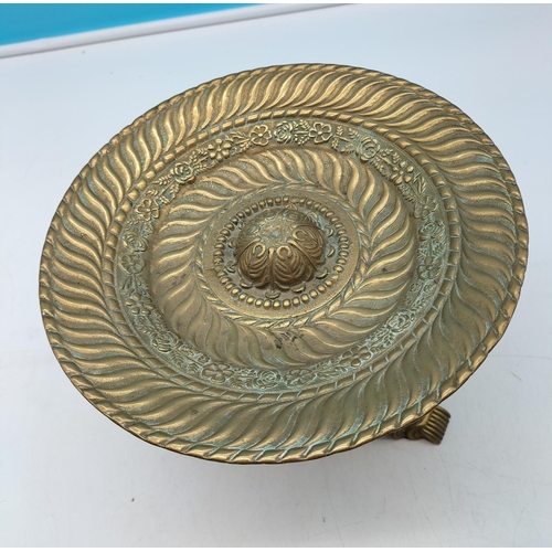 15 - Heavy French Ornate Bronze Dolphin Design Tri Footed Tazza. 17cm High, 23cm Diameter.