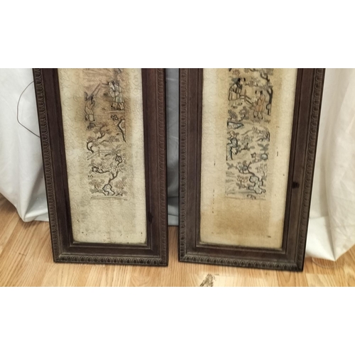 16 - 19th Century Chinese Oak Framed and Glazed Antique Silk Panels (2). 78cm x 18cm. Some Light Damage t... 