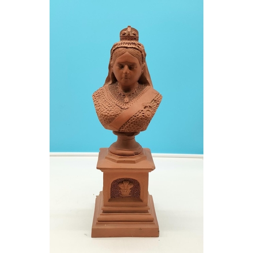 3 - Terracotta 47cm (h) Bust of Queen Victoria on Columned Base (15cm x 15cm). With Faults but Still a S... 