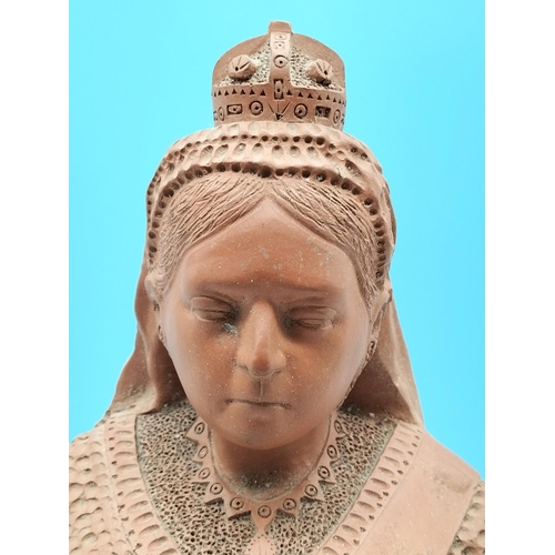 3 - Terracotta 47cm (h) Bust of Queen Victoria on Columned Base (15cm x 15cm). With Faults but Still a S... 