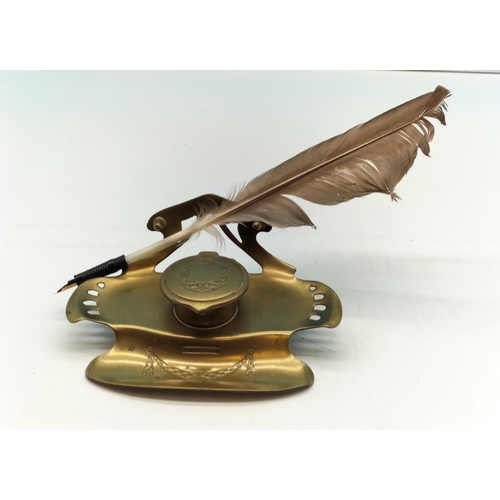 45 - Brass Inkwell with Nibbed Quill. 7cm High x 17cm Long.