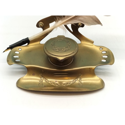 45 - Brass Inkwell with Nibbed Quill. 7cm High x 17cm Long.