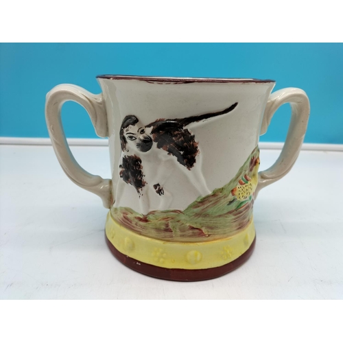 5 - Victorian Hand Painted Twin Handled Mug with Frog Inside and Hunting Scenes to Outside. 14cm High.