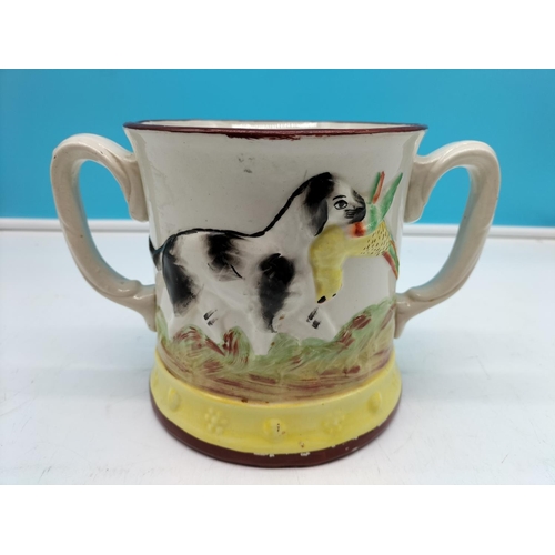 5 - Victorian Hand Painted Twin Handled Mug with Frog Inside and Hunting Scenes to Outside. 14cm High.