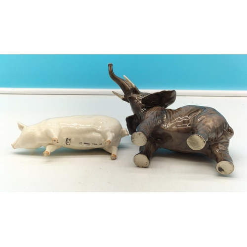 67 - Beswick Figure of a Pig 'Ch. Wall Queen 40' Model 1452A plus Beswick Elephant Figure with Trunk Up. ... 