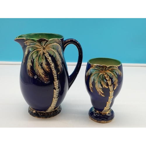 36 - Beswick Large Blue Palm Tree 22cm Jug 1073 plus Beswick Blue Palm Tree 16cm vase 1072.