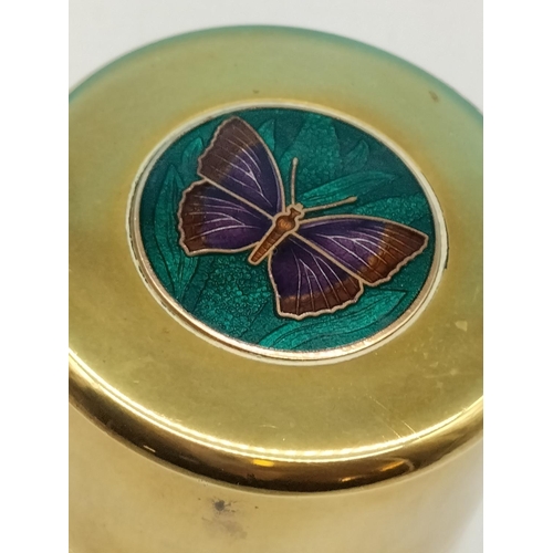 725 - Vintage Brass Lidded Box with Enamel Butterfly Insert to Lid. 9cm high, 6cm Diameter.