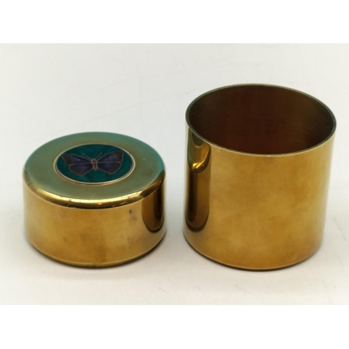 725 - Vintage Brass Lidded Box with Enamel Butterfly Insert to Lid. 9cm high, 6cm Diameter.