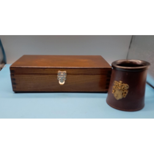 730 - Wooden Felt Lined Box plus Leather Covered Mug with Crest.