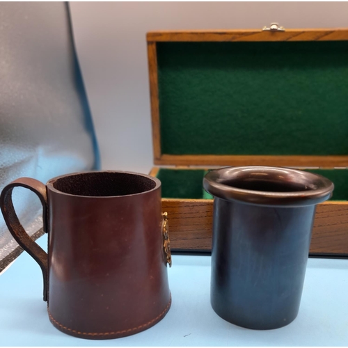 730 - Wooden Felt Lined Box plus Leather Covered Mug with Crest.