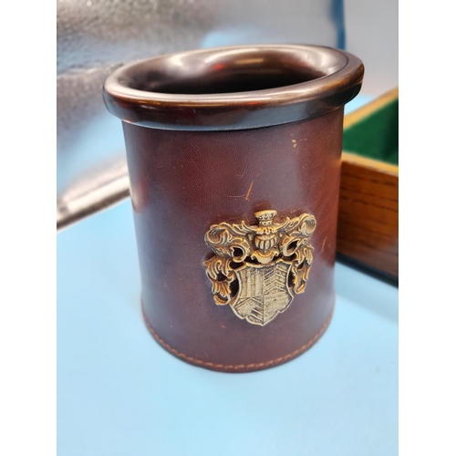 730 - Wooden Felt Lined Box plus Leather Covered Mug with Crest.