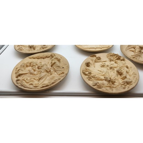 326 - 11 x Alabaster Plaques depicting Religious Scenes by Alberto Santangela. 21cm Diameter.