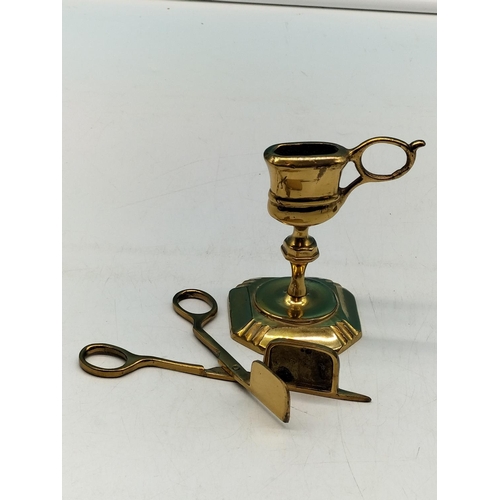 513 - Small Brass Trivet, Brass Trench Art Tray plus Brass Snuffer Scissor and Stand.