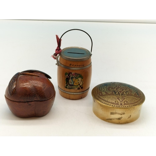 717 - Brass Elephant Lidded Box, Asian Wooden Apple Box plus 1960s Boppara (Germany) Barrel with Key Money... 