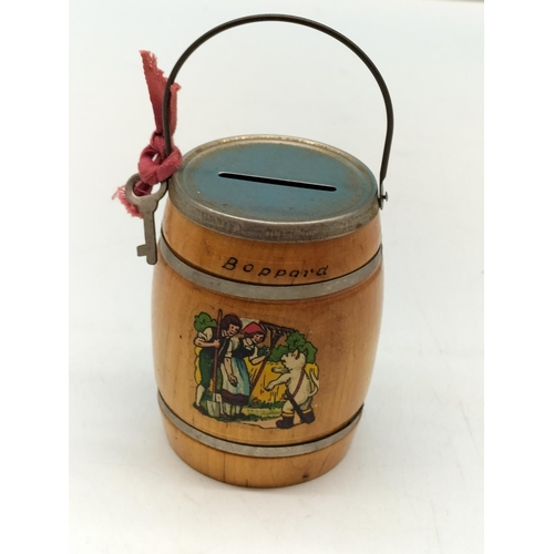 717 - Brass Elephant Lidded Box, Asian Wooden Apple Box plus 1960s Boppara (Germany) Barrel with Key Money... 