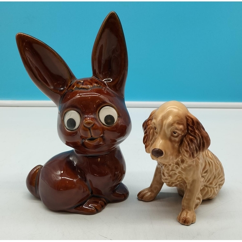 664 - Google Eyed 19cm Rabbit Money Box plus 13cm Sylvac Spaniel No 18.