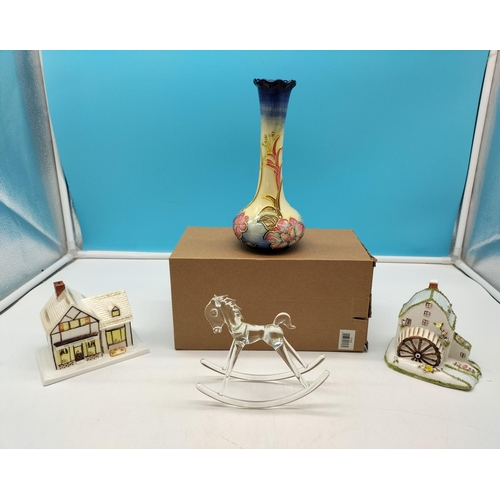 710 - Boxed Old Tupton Tubelined 'Spring Bouquet' 20cm Vase, Studio Glass Rocking Horse by David (12cm x 1... 