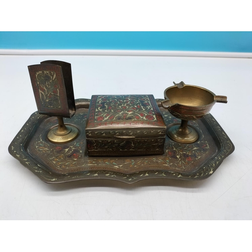 660 - Vintage Cloisonne Style Brass and Enamel Smoker Set. 9cm High, 23cm x 16cm.