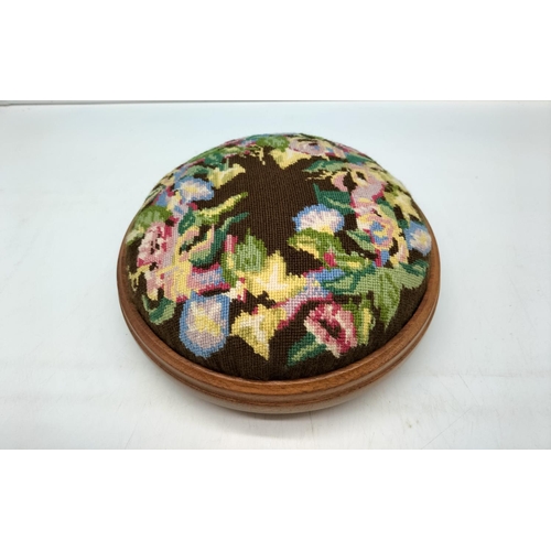 135 - Edwardian Style Embroidered Footstool, 25cm Diameter.