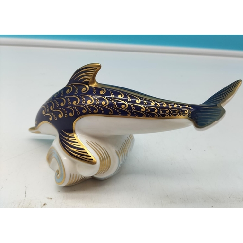 14 - Royal Crown Derby Dolphin Paperweight. Gold Stopper 17.5 x 9.5cm (h)