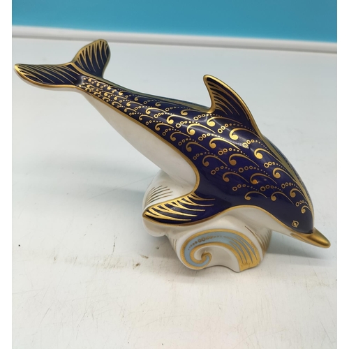 14 - Royal Crown Derby Dolphin Paperweight. Gold Stopper 17.5 x 9.5cm (h)