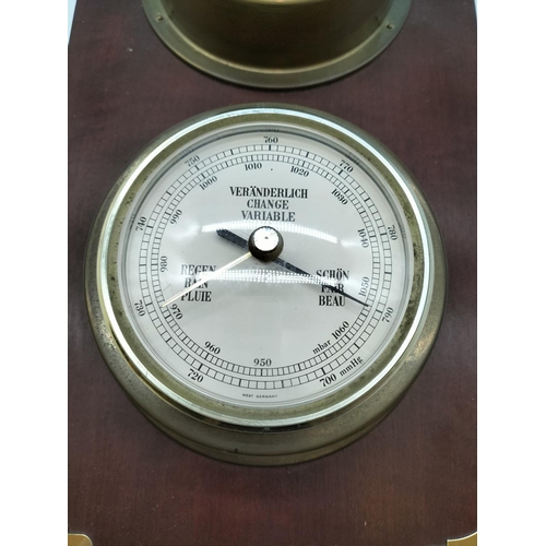 150 - Wall Mount Clock and Barometer on Wooden Plinth. 37cm x 20.5cm x 8cm.