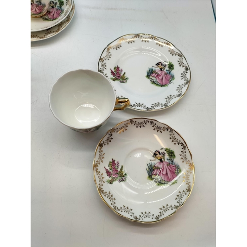 171 - China Trios (6) depicting Lady in Garden. 1 Cup with Hairline.