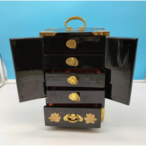 19 - Chinese Black Lacquer, Brass and Mother of Pearl Inlay Jewellery Cabinet. 32cm x 20cm x 16cm.