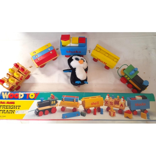 199 - Playmakers Wooden Pull Along Freight Train. Boxed & Complete Plus Snow Mates Reggie Rock Hopper & Pl... 