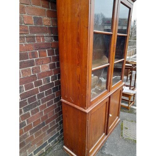 210A - Pine Kitchen Display Cabinet with 2 Shelves and Cupboards to Base. 230cm High, 120cm x 46cm. Glass B... 