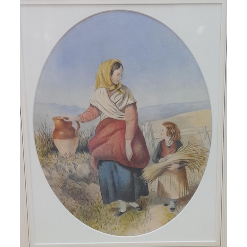 22 - Framed and Mounted Pastel Drawing of a Farmer's Wife and Daughter. Possibly Victorian. 50cm x 45cm.