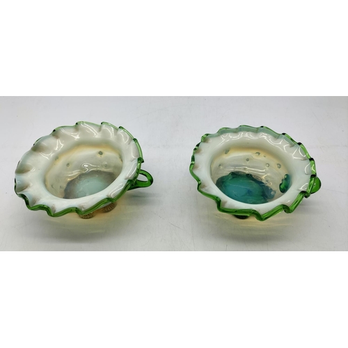 293 - Stourbridge Vaseline Opalescent Uranium Glass Cups (2). 5.5cm High, 14cm x 13cm.