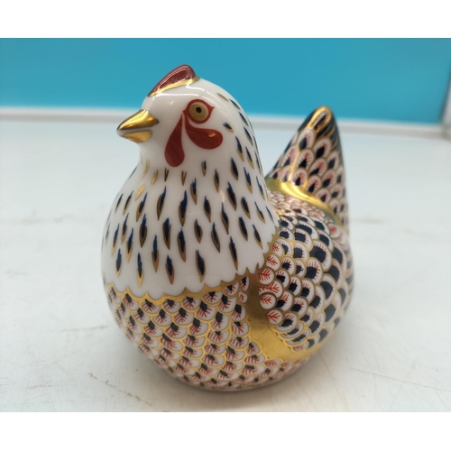 328 - Royal Crown Derby 'Hen' Paperweight with Silver Stopper. 8cm Tall x 10cm.