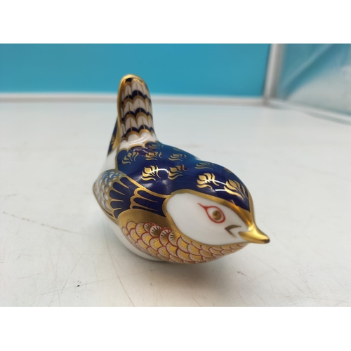 329 - Royal Crown Derby 'Jenny Wren' Paperweight with Silver Stopper. 7cm Tall x 9cm.