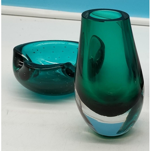 361 - Caithness Bowl plus 2 Pieces of Green Glass and a Blue Glass Dish. Tallest 12cm.