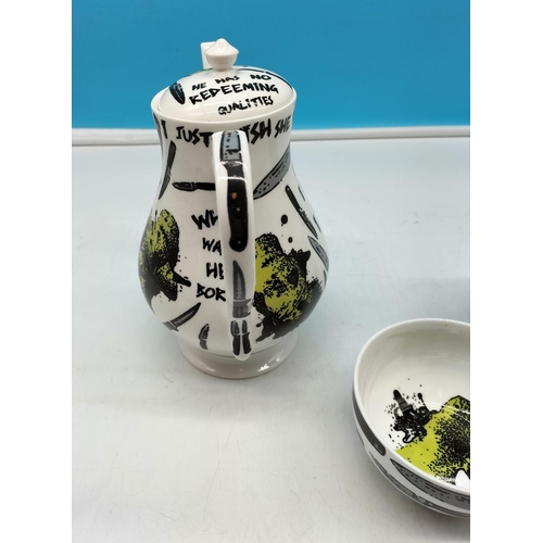 393 - Unusual Graffiti Design Coffee Pot, Sugar and Cream Jug. Makers Mark to Base.