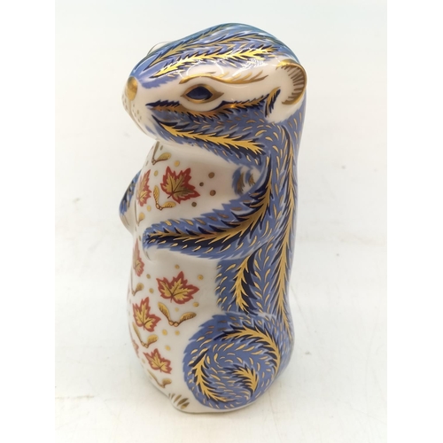 44 - Royal Crown Derby 'Chipmunk' Paperweight with Silver Stopper. 11cm Tall.