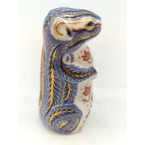 44 - Royal Crown Derby 'Chipmunk' Paperweight with Silver Stopper. 11cm Tall.