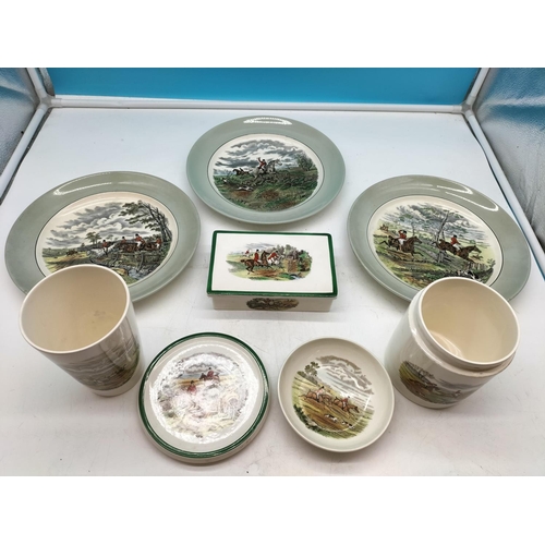 45 - 8 Pieces of Copeland Spode 'Hunt' Pattern to include 26cm Dinner Plates (3), Lidded Box, Teapot Stan... 