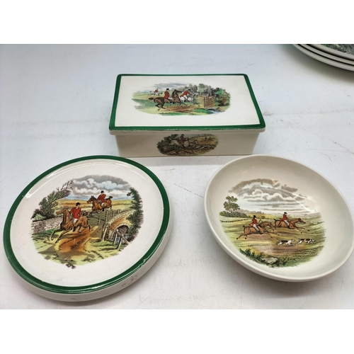 45 - 8 Pieces of Copeland Spode 'Hunt' Pattern to include 26cm Dinner Plates (3), Lidded Box, Teapot Stan... 