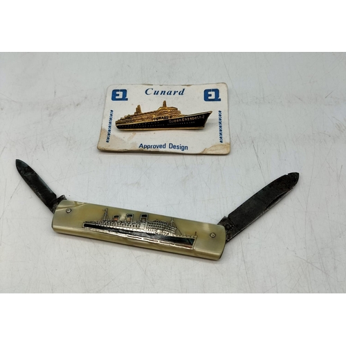 451 - Cunard R.M.S Queen Mary Pin Badge plus 8cm Pen Knife. Blade Loose.