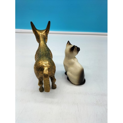 510 - Brass Donkey Figure (15cm x 15cm) plus Figure of a Siamese Cat.