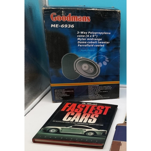 585 - Goodmans ME-6936 Speakers, Collection of Car and Motorcycle Books plus 'Rover' Comic 1972.