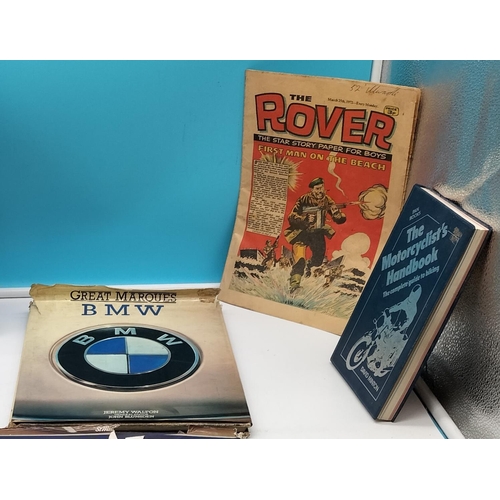 585 - Goodmans ME-6936 Speakers, Collection of Car and Motorcycle Books plus 'Rover' Comic 1972.