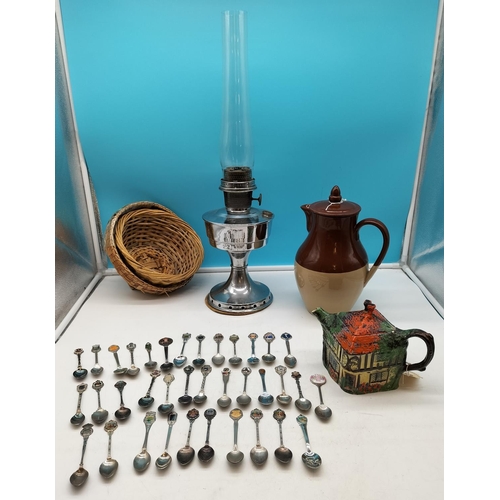 666 - Chrome Oil Lamp, Quantity of Souvenir Spoons, Teapot and Lidded Jug. Tallest 32cm.